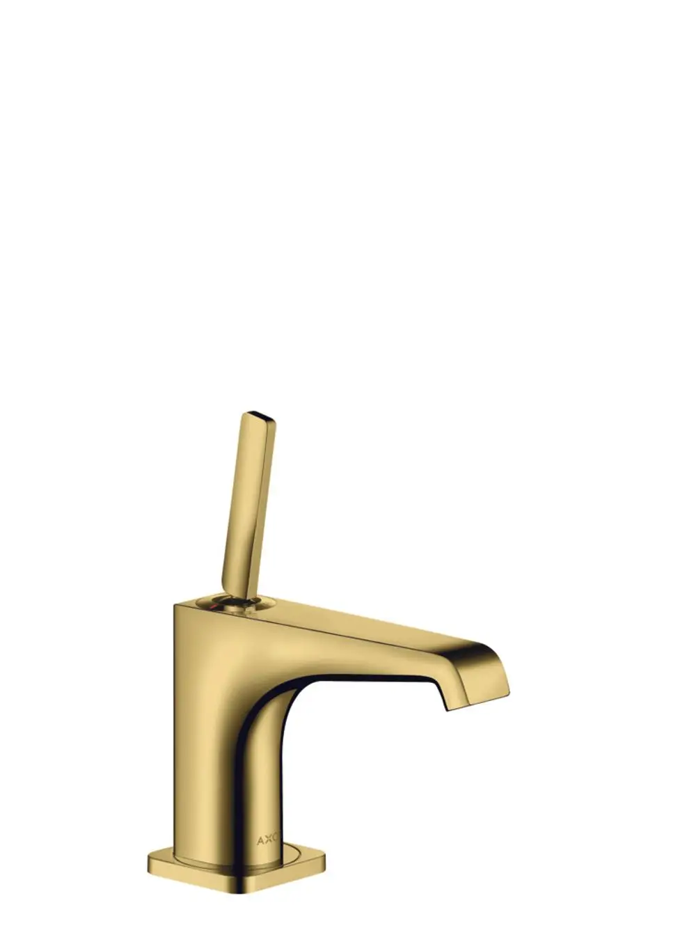 Waschtischmischer von AXOR in Polished Gold Optic, mit langem Hebel für die Bedienung, schmalem Auslauf und quadratischer Basis.